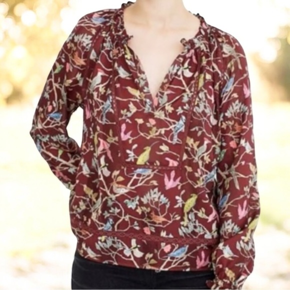 J. Crew Point Sur Deep Brown Ruffle Blouse Cottage Bird Print Semi Sheer Top - Picture 5 of 9